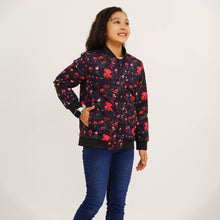 Load image into Gallery viewer, Girl&#39;s Black Printed Reversible Bomber Jacket
