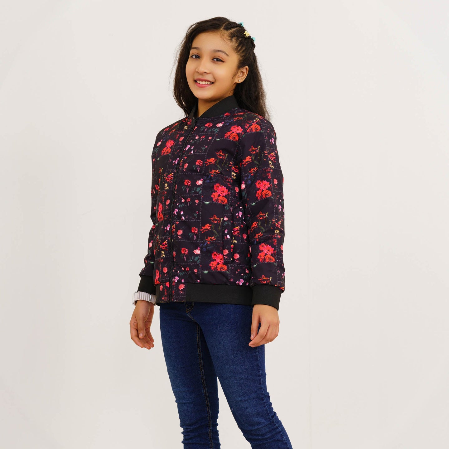 Girl's Black Printed Reversible Bomber Jacket