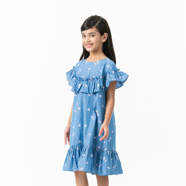 Girls Blue Ash Frill Dress