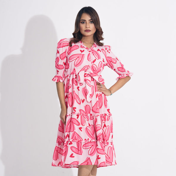 Womens Pink AOP Flared Dress