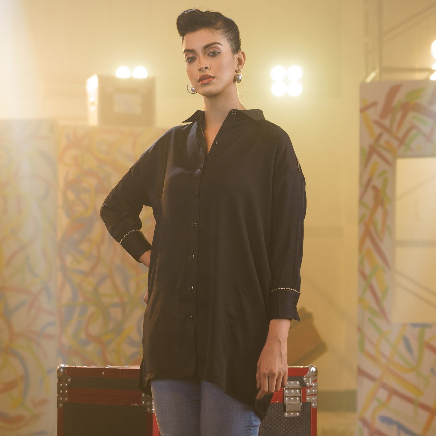 Womens Black Stone Lace Shirt