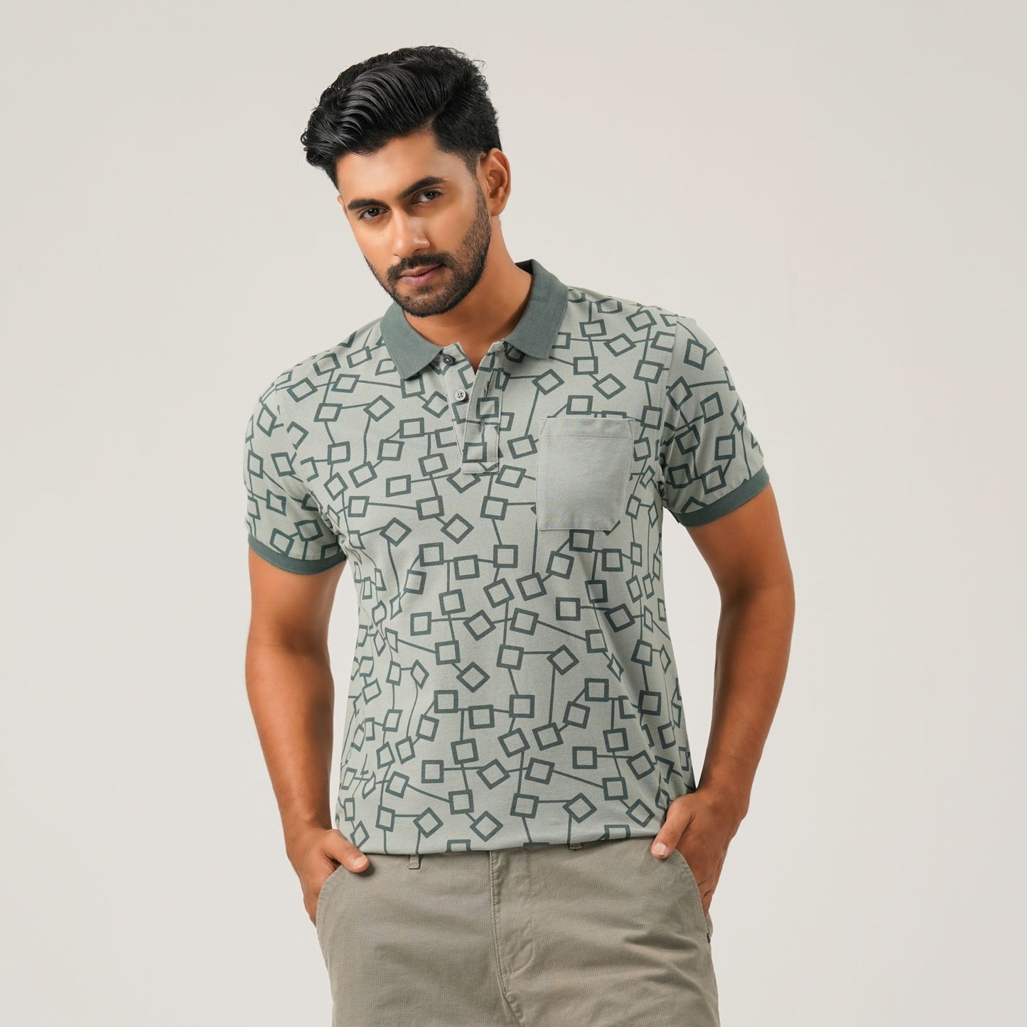 Men Light Green Cotton Polo