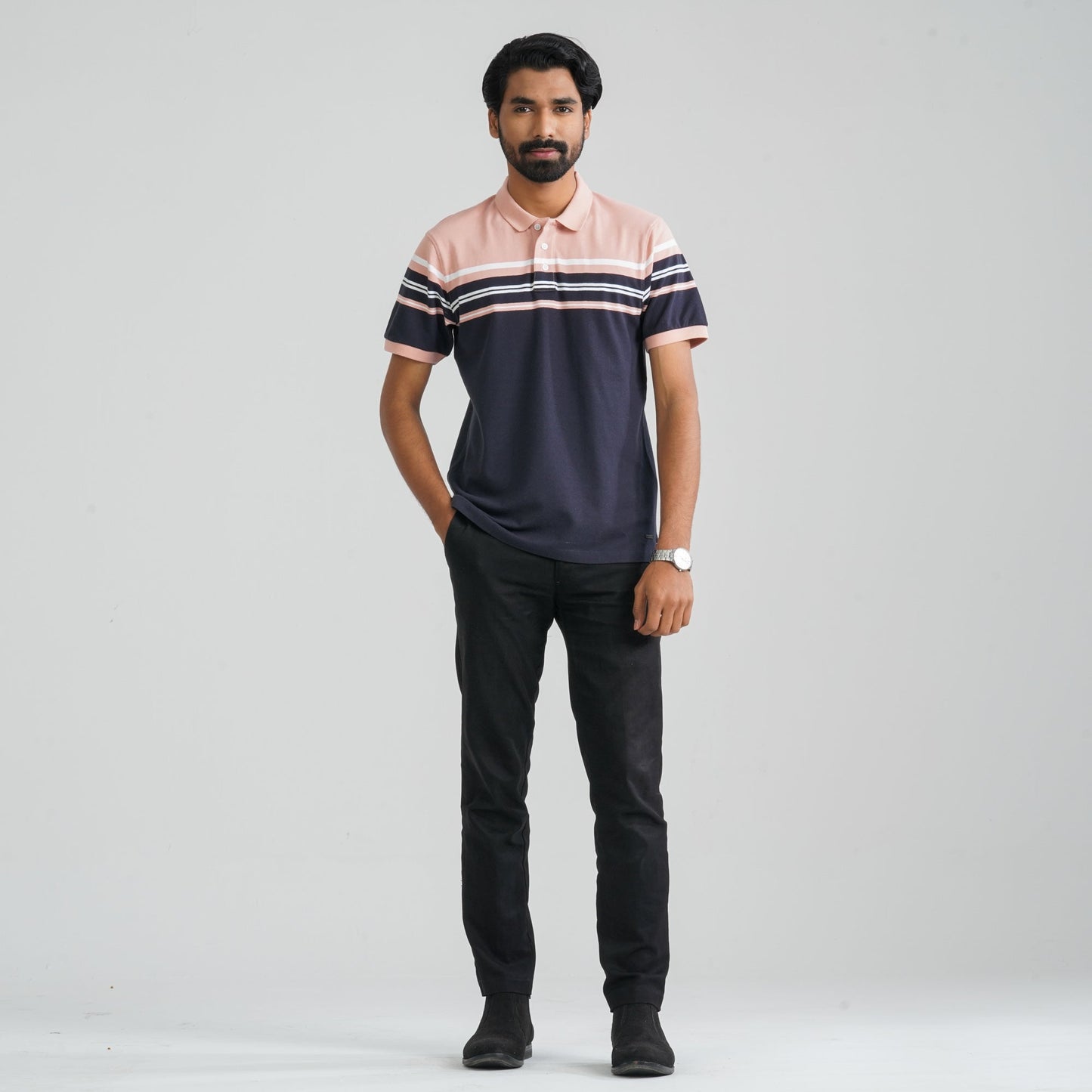 Men Navy & Peach Cotton Polo
