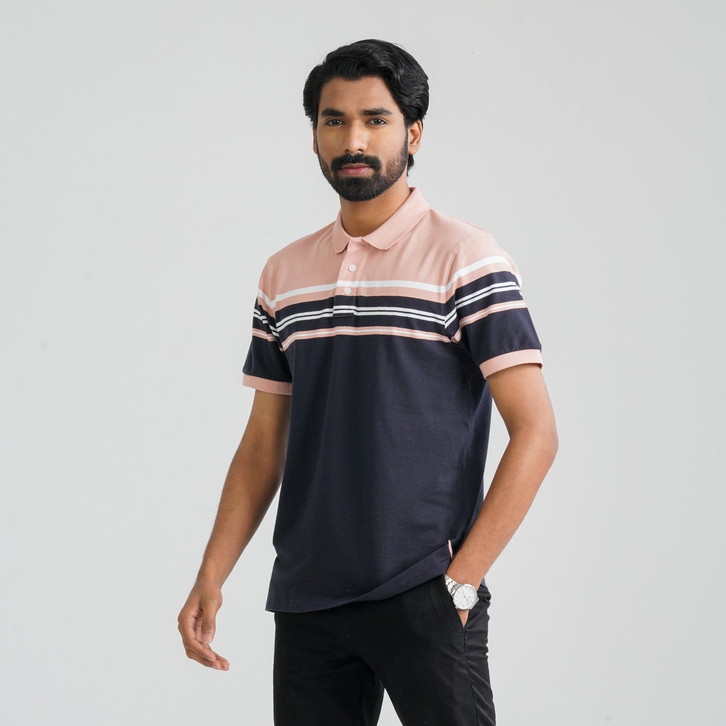 Men Navy & Peach Cotton Polo