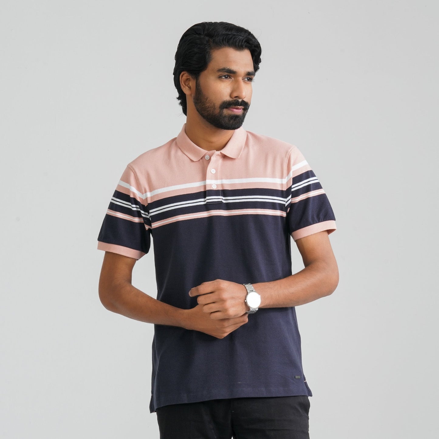 Men Navy & Peach Cotton Polo