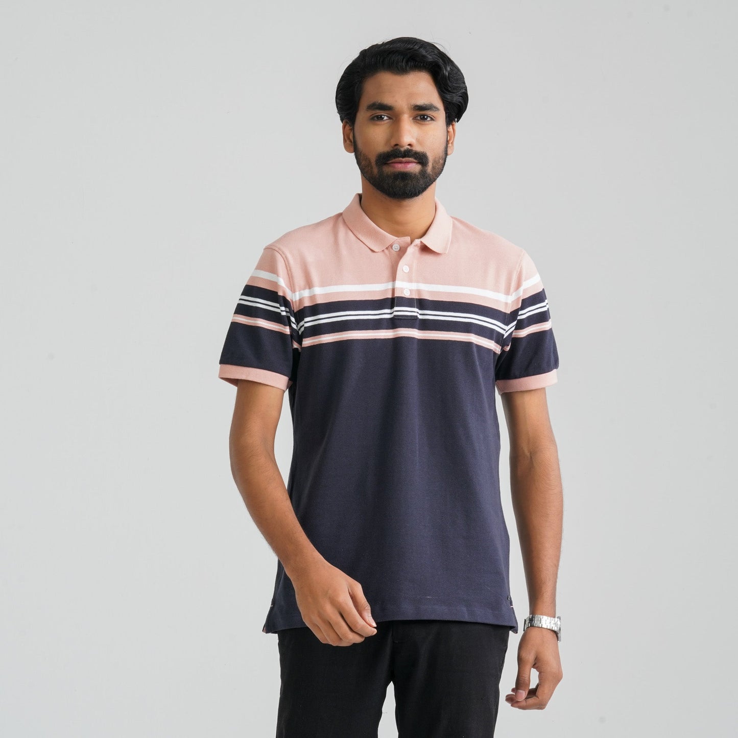 Men Navy & Peach Cotton Polo