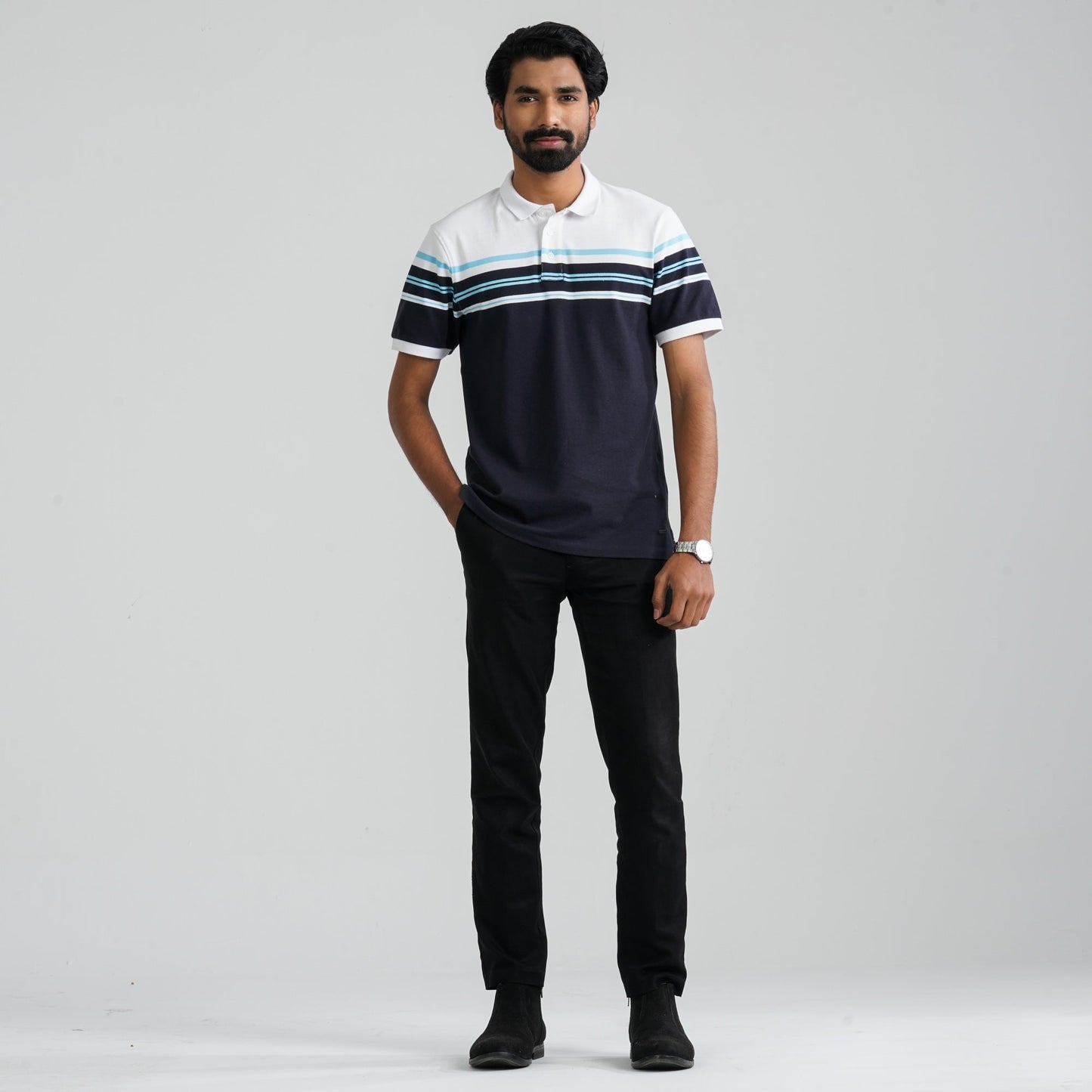 Men Navy & White Cotton Polo