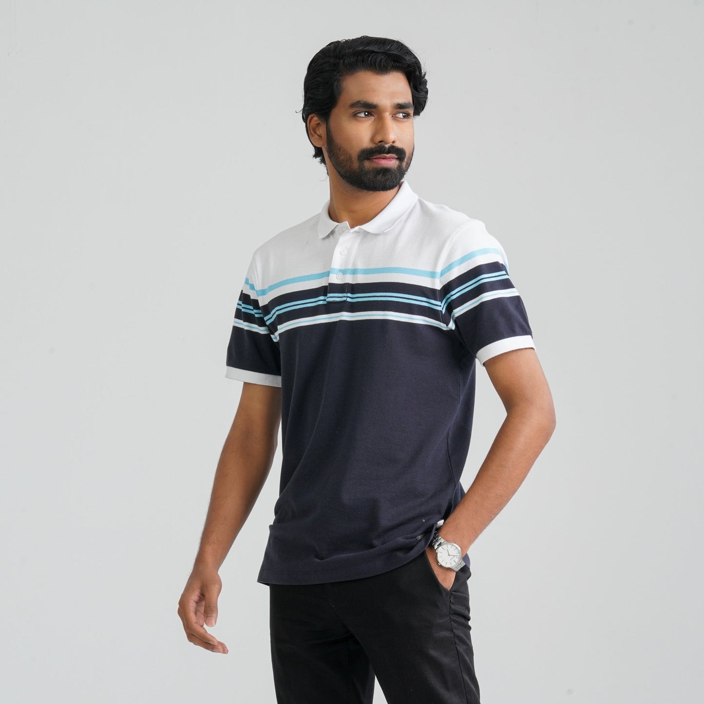 Men Navy & White Cotton Polo