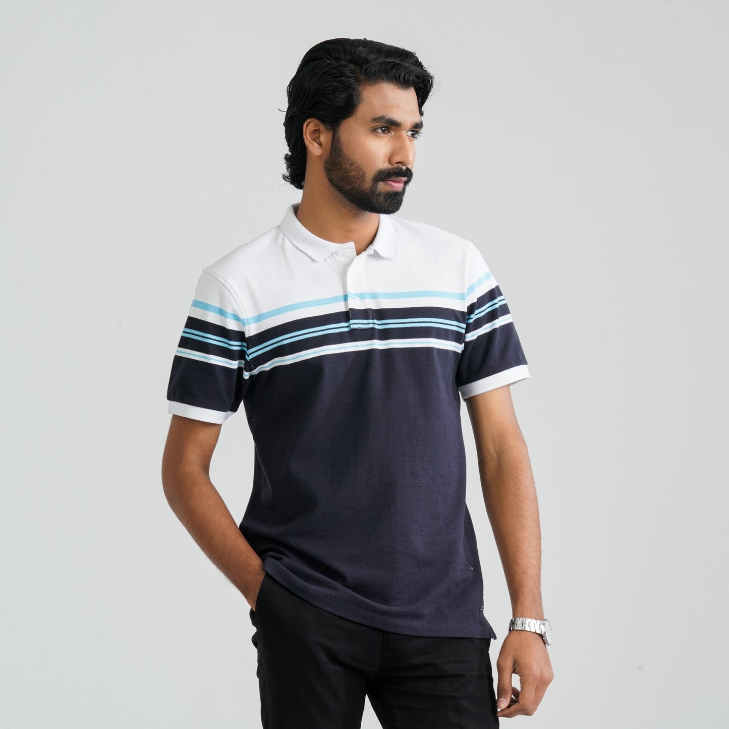 Men Navy & White Cotton Polo