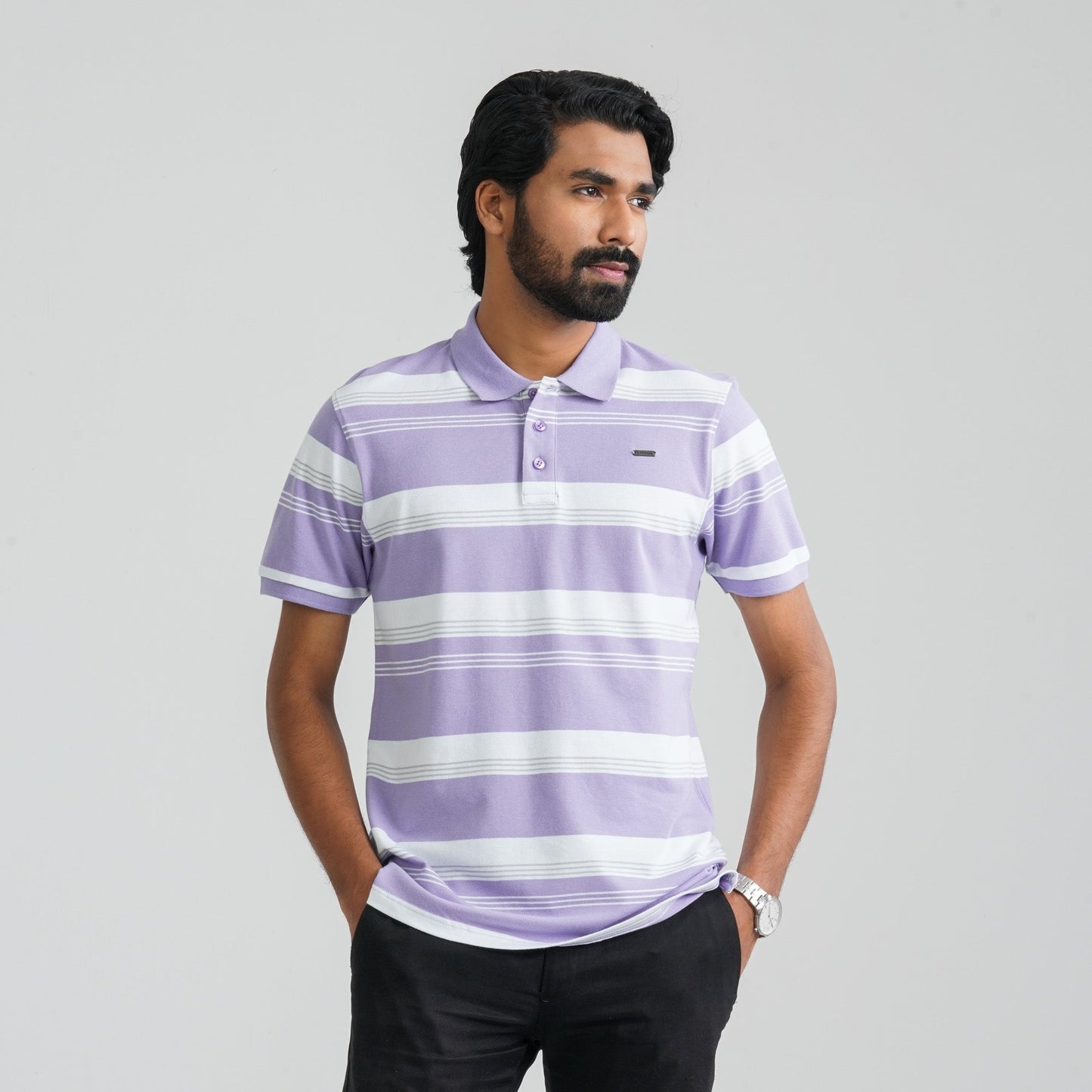 Men Purple & White Cotton Polo