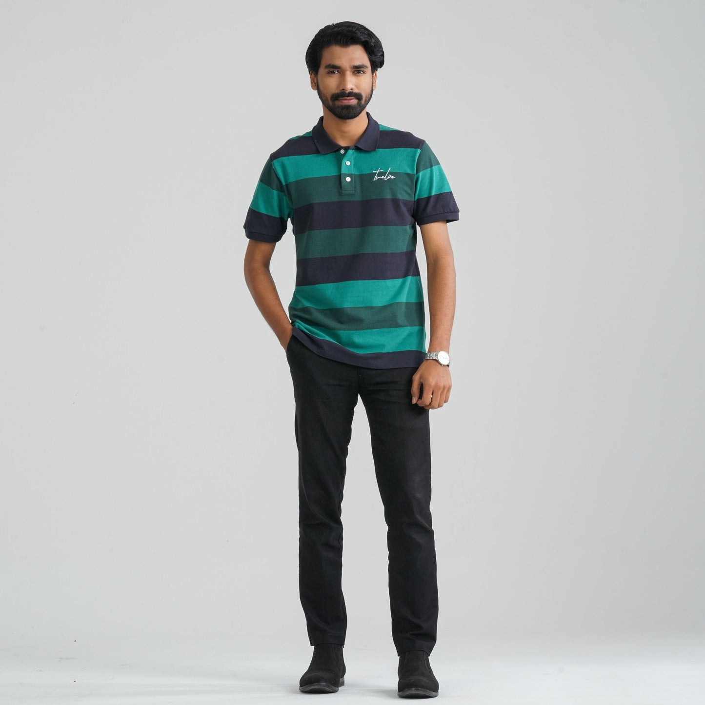 Men Navy & Green Cotton Polo