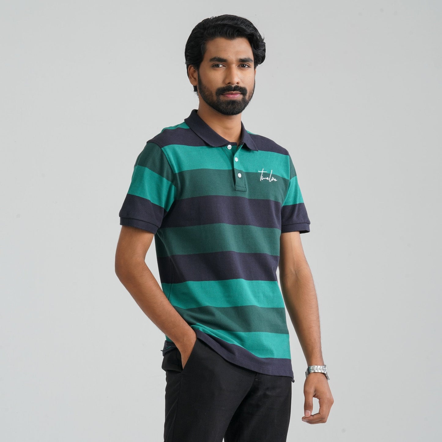Men Navy & Green Cotton Polo