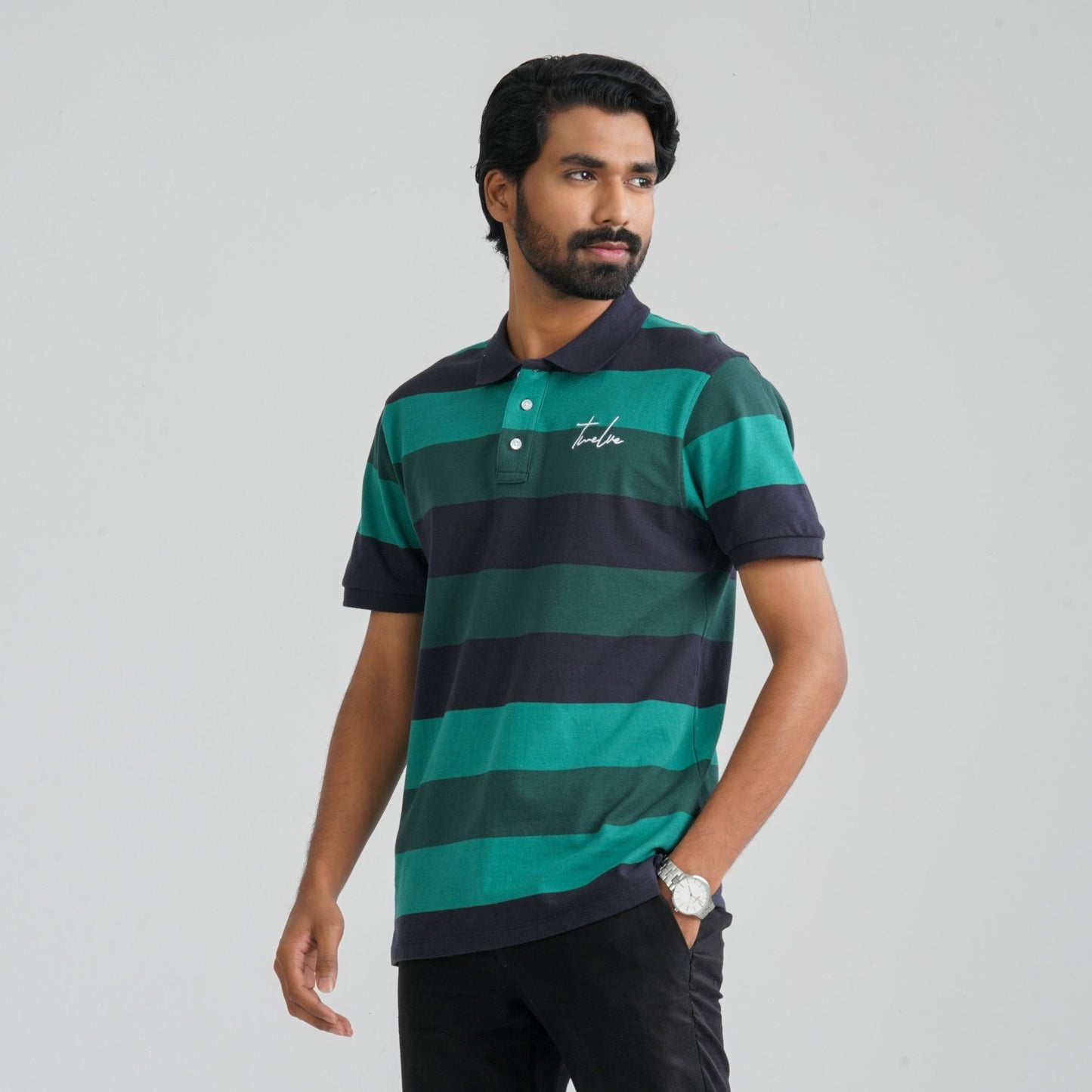 Men Navy & Green Cotton Polo