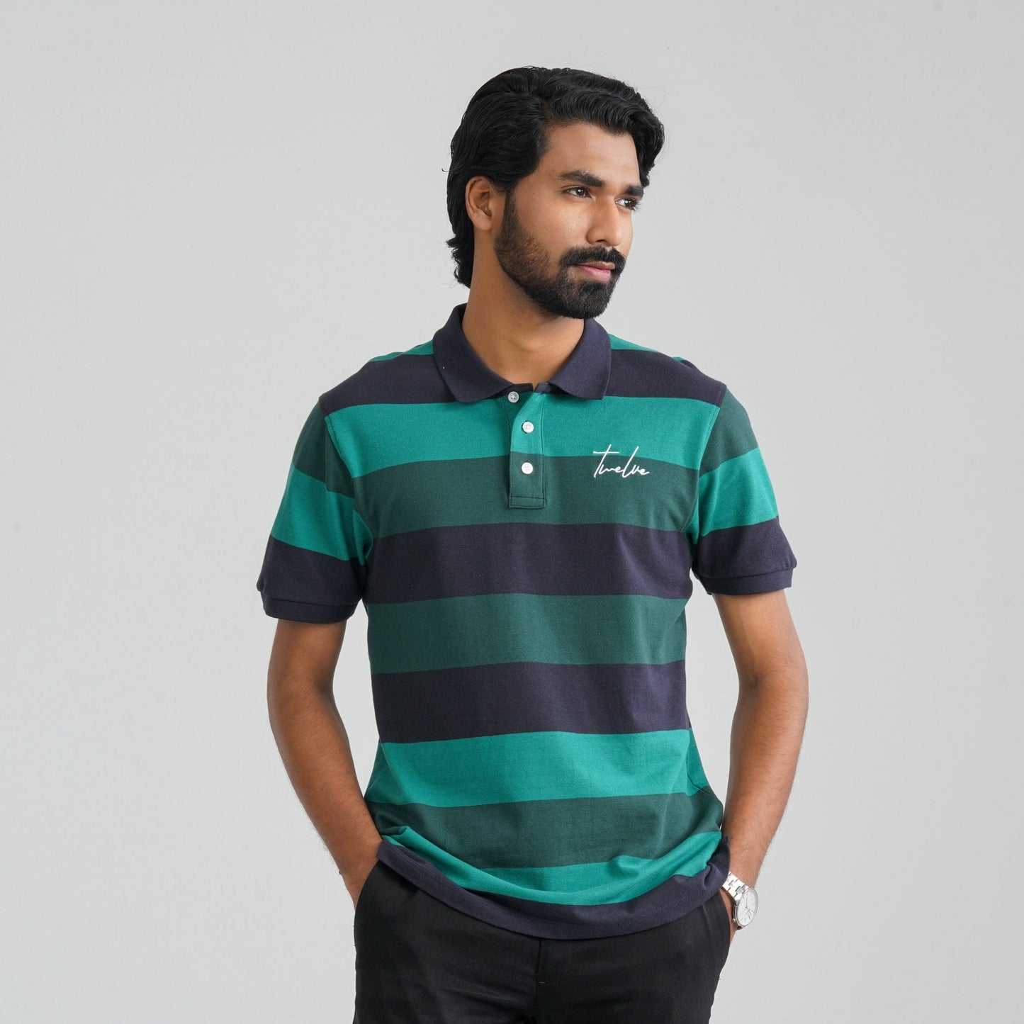 Men Navy & Green Cotton Polo