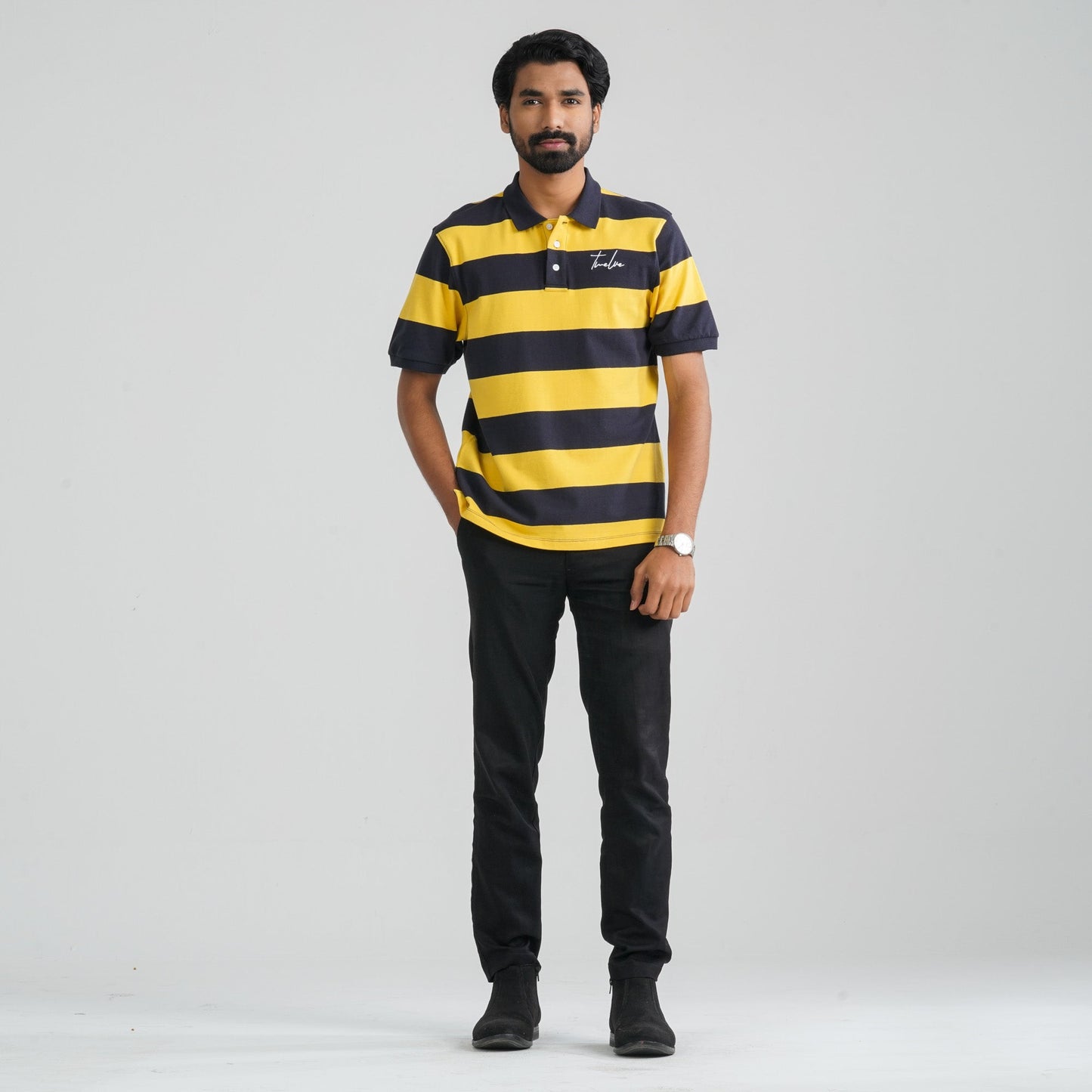 Men Navy & Mustard Cotton Polo