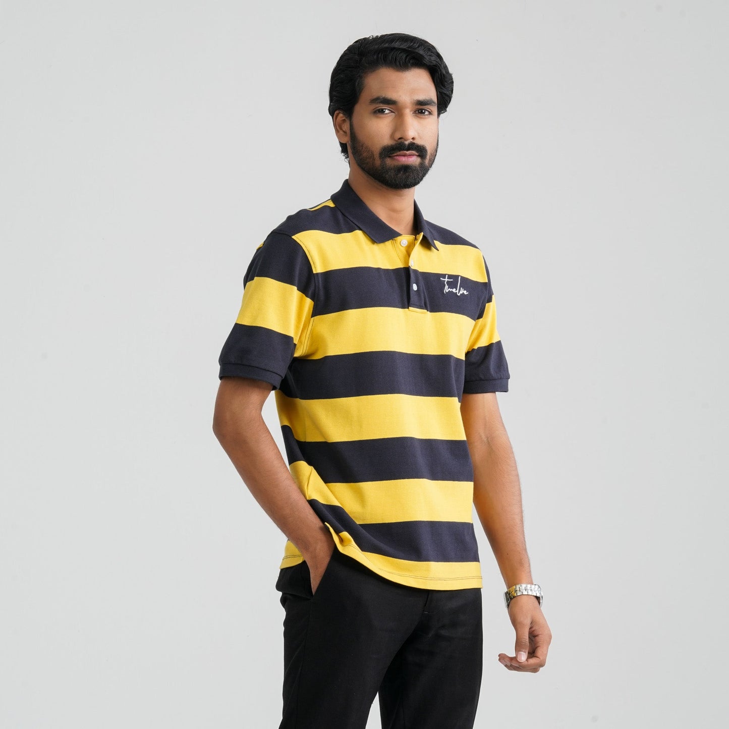 Men Navy & Mustard Cotton Polo