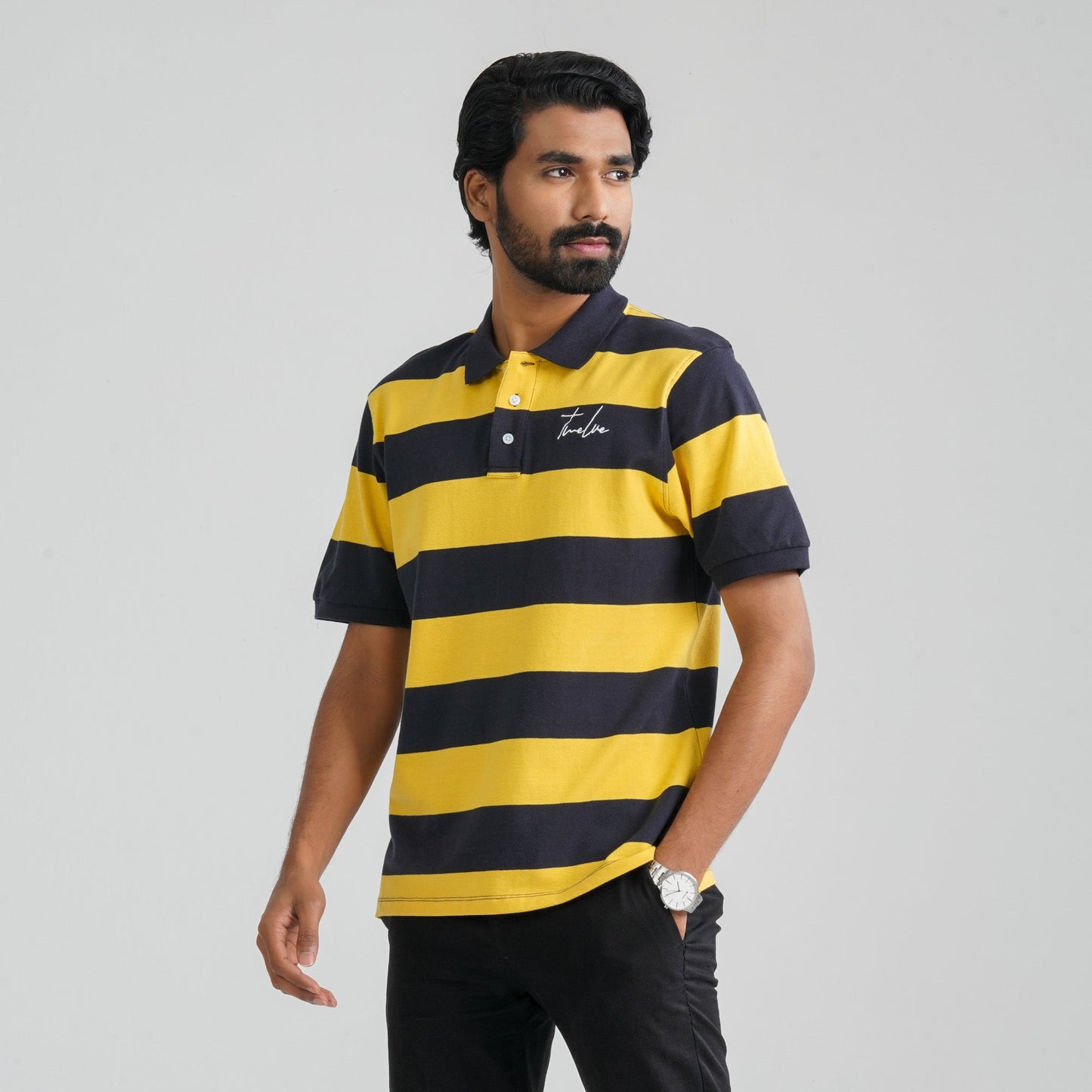 Men Navy & Mustard Cotton Polo