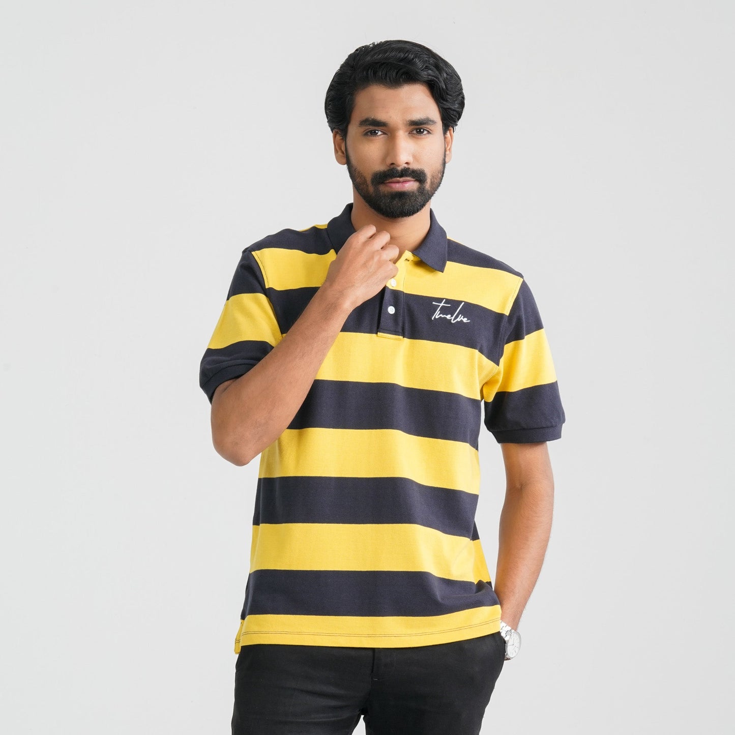 Men Navy & Mustard Cotton Polo