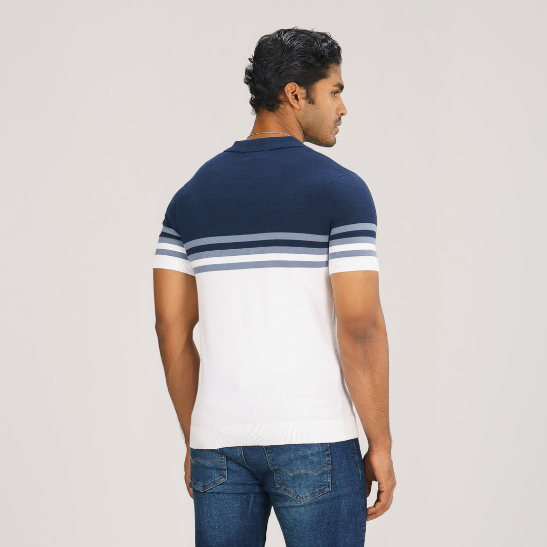 Mens Beige & White Striped Polo Sweater