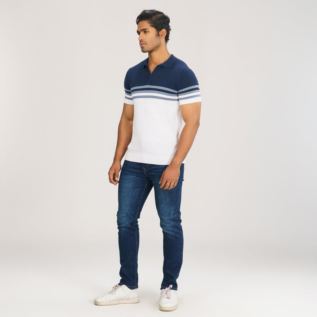 Mens Beige & White Striped Polo Sweater