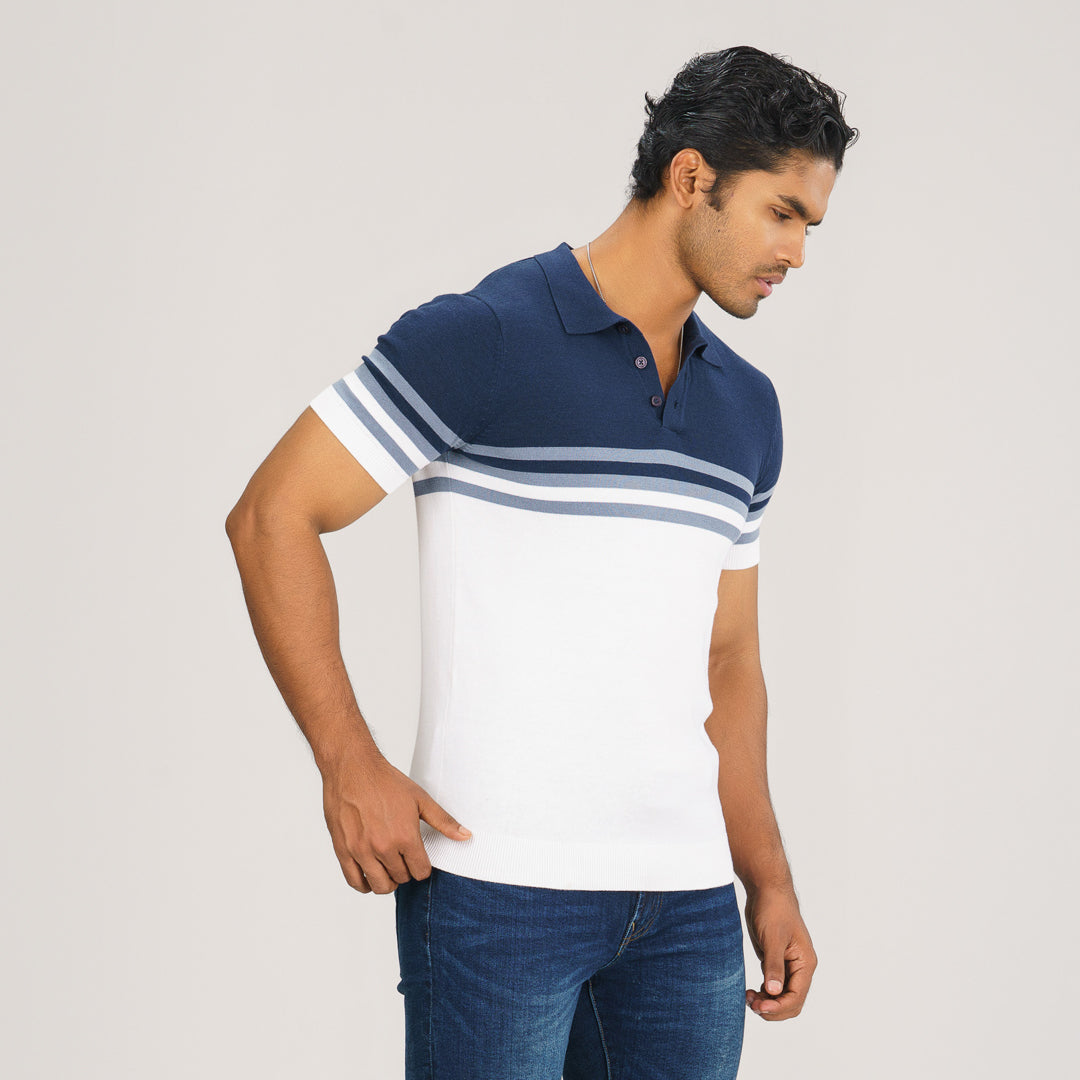 Mens Beige & White Striped Polo Sweater