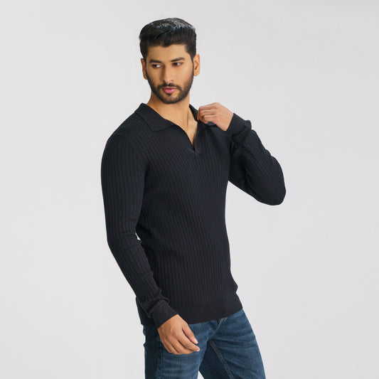 Mens Black Textured Polo Sweater