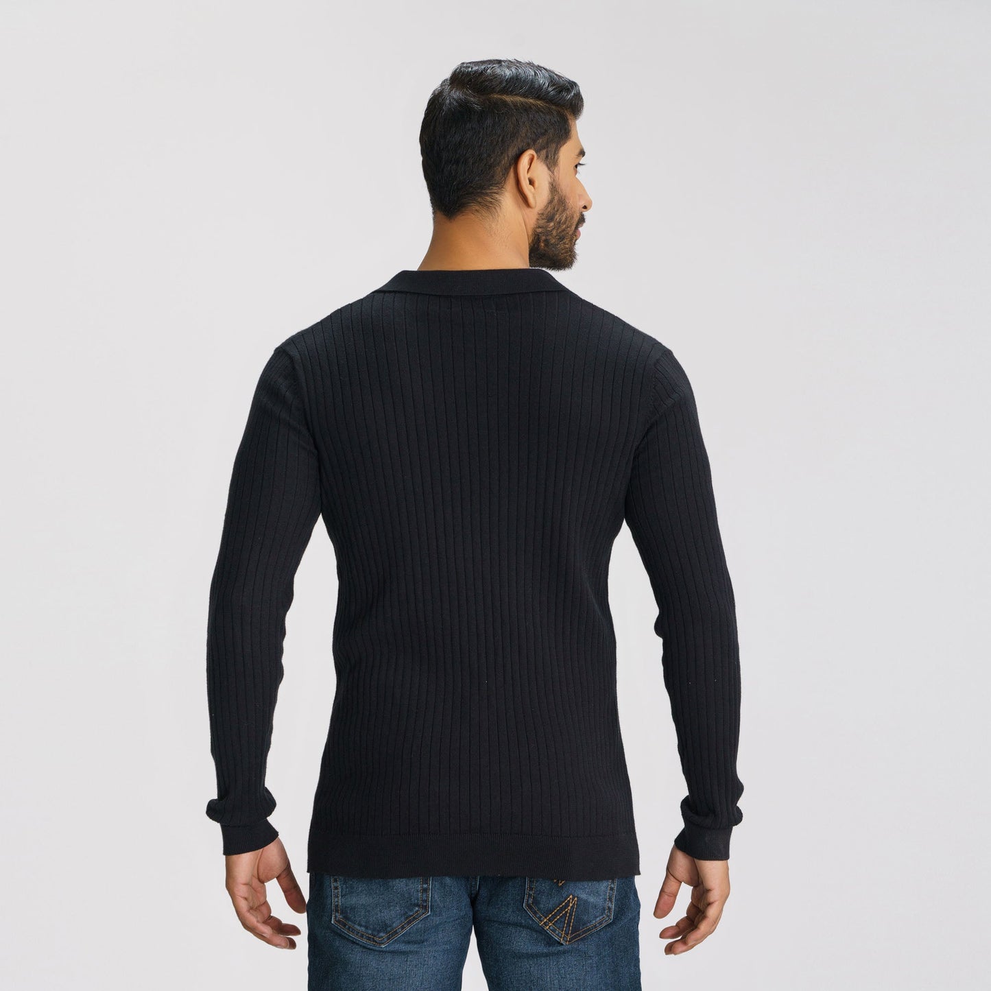Mens Black Textured Polo Sweater