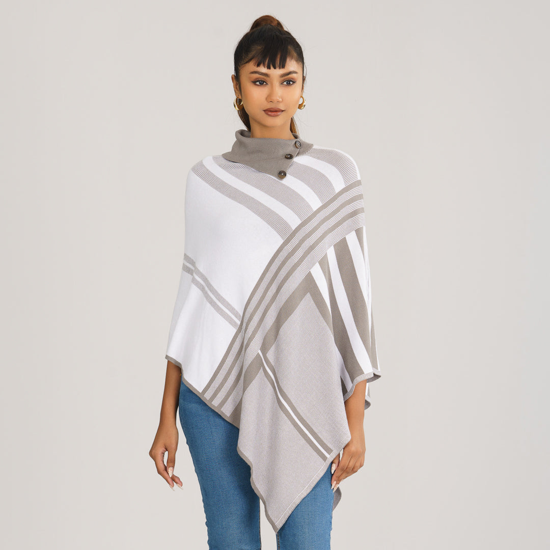 Womens White & Grey Checked Poncho