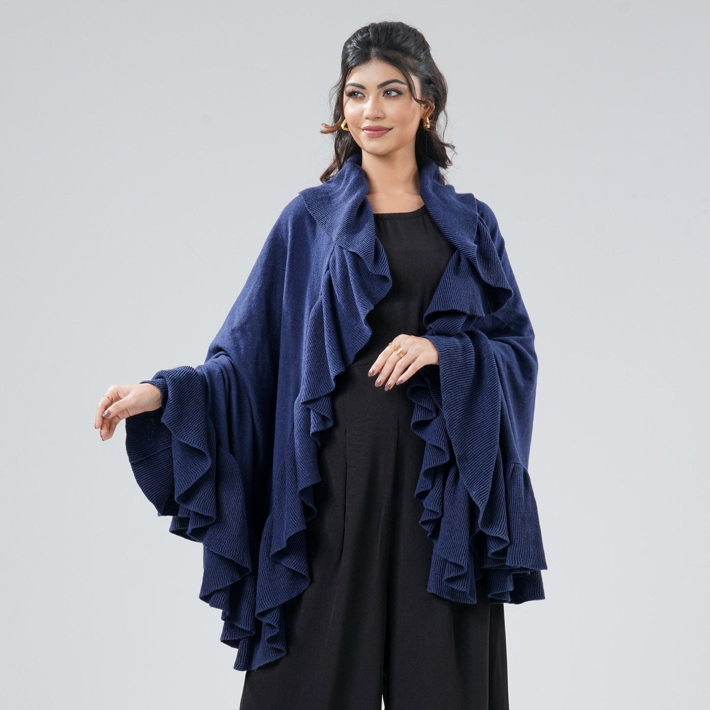 Womens Dark Blue Ruffle Shawl