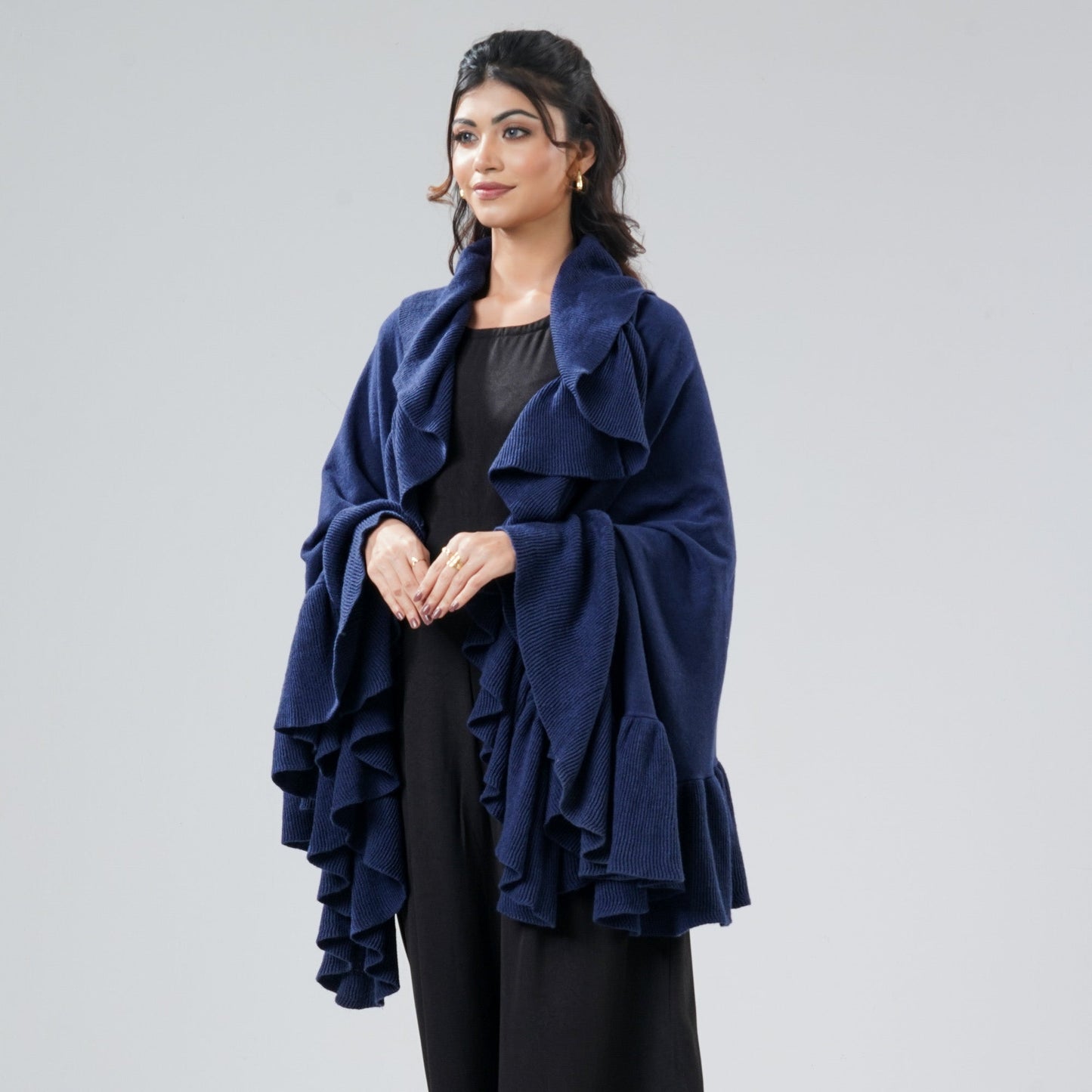 Womens Dark Blue Ruffle Shawl