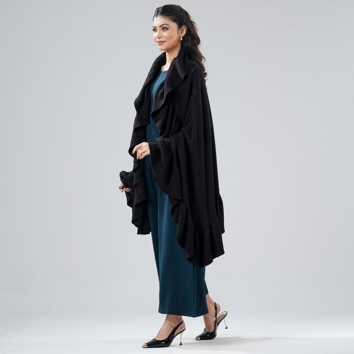 Womens Black Ruffle Shawl