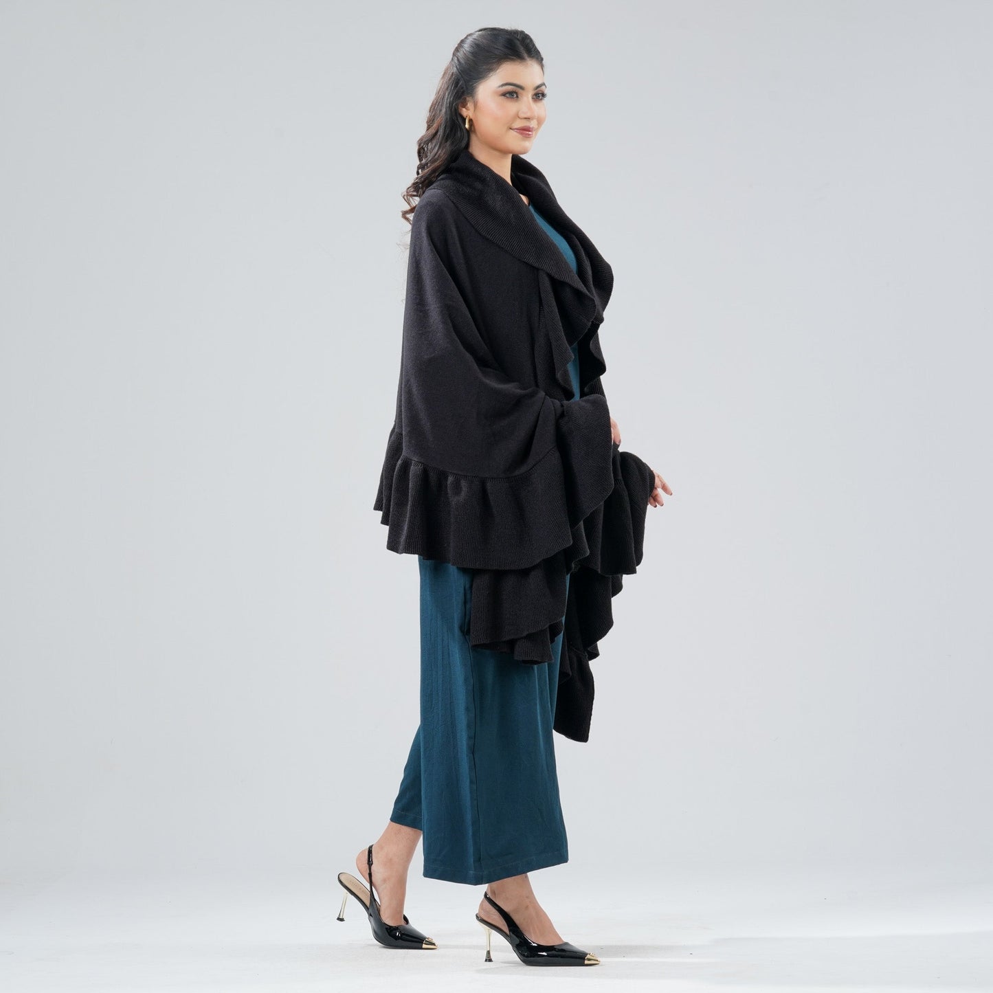 Womens Black Ruffle Shawl