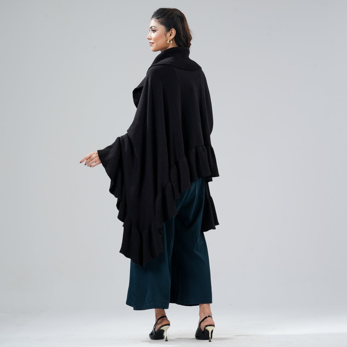 Womens Black Ruffle Shawl