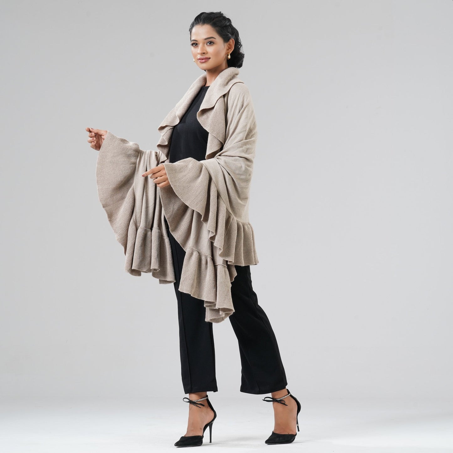 Womens Beige Ruffle Shawl