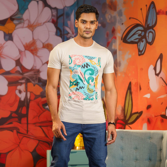 Mens Beige Print T-Shirt