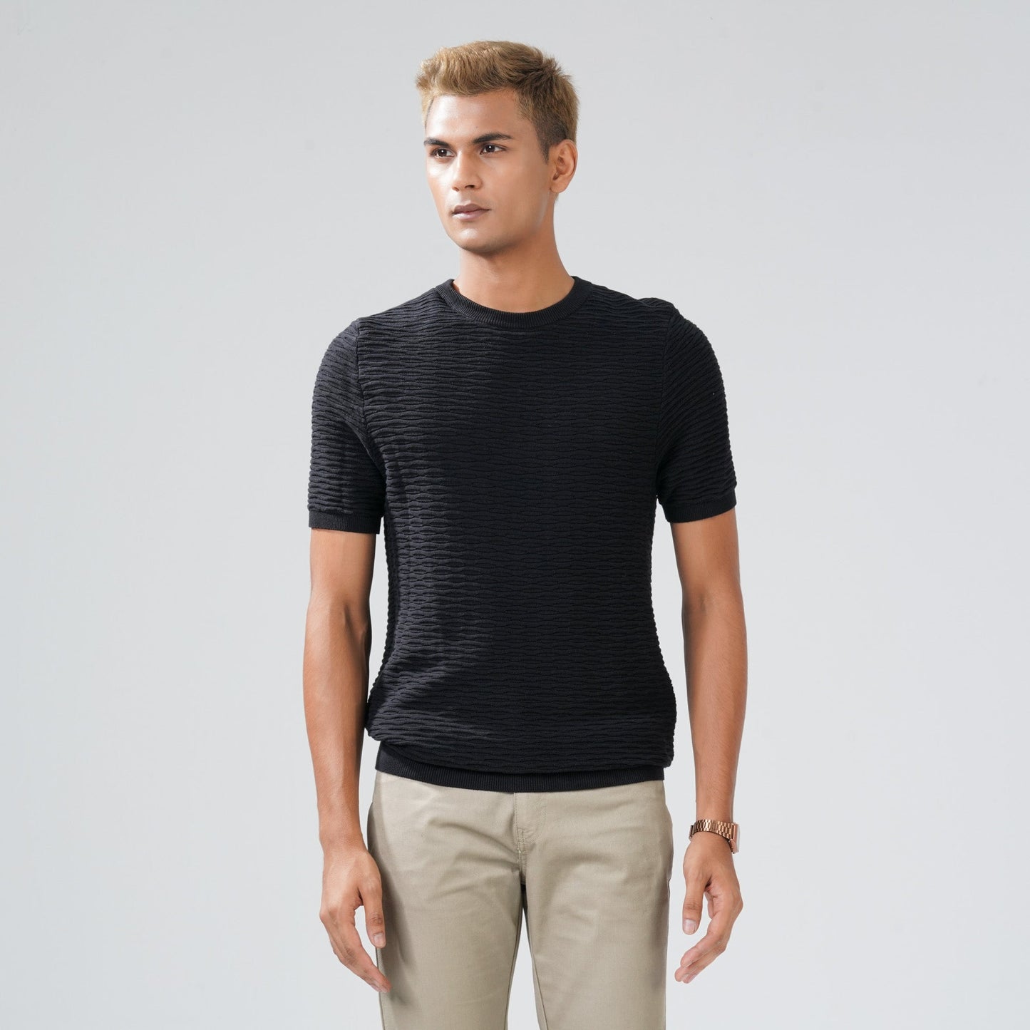Men's Black Textured Sweater T-Shirt