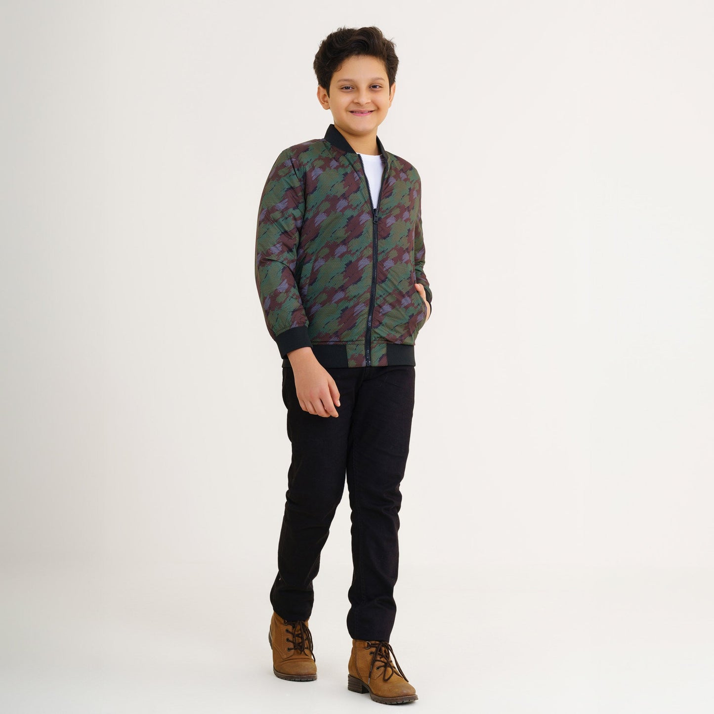 Boys Olive Printed Bomber Jacket