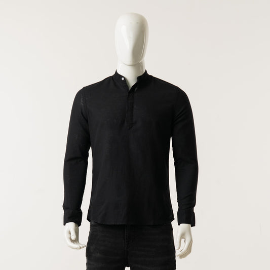 Mens L/S Black Band Collar Shirt