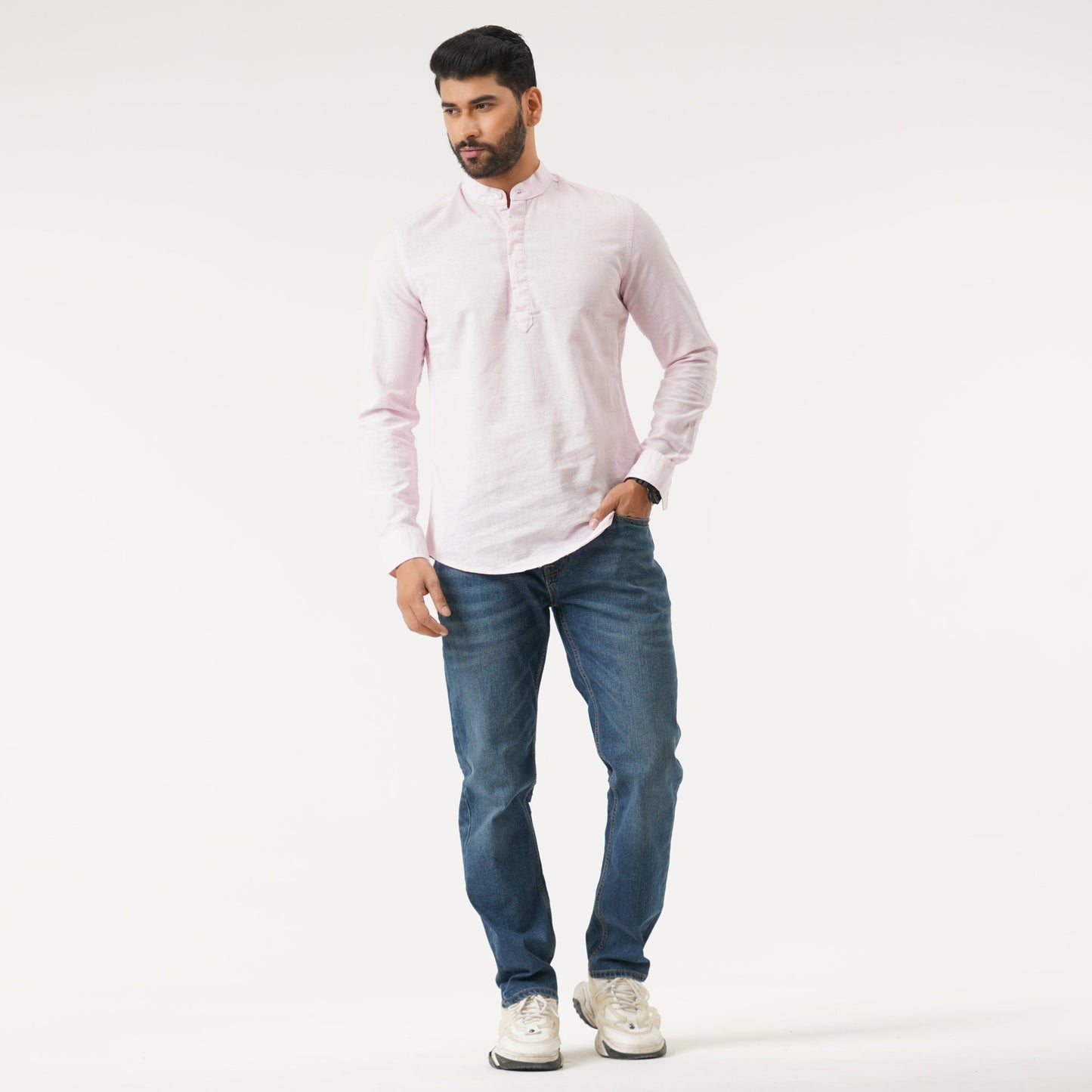 Mens L/S Baby Pink Band Collar Shirt