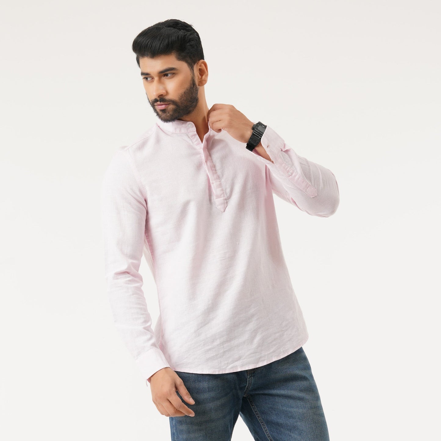 Mens L/S Baby Pink Band Collar Shirt