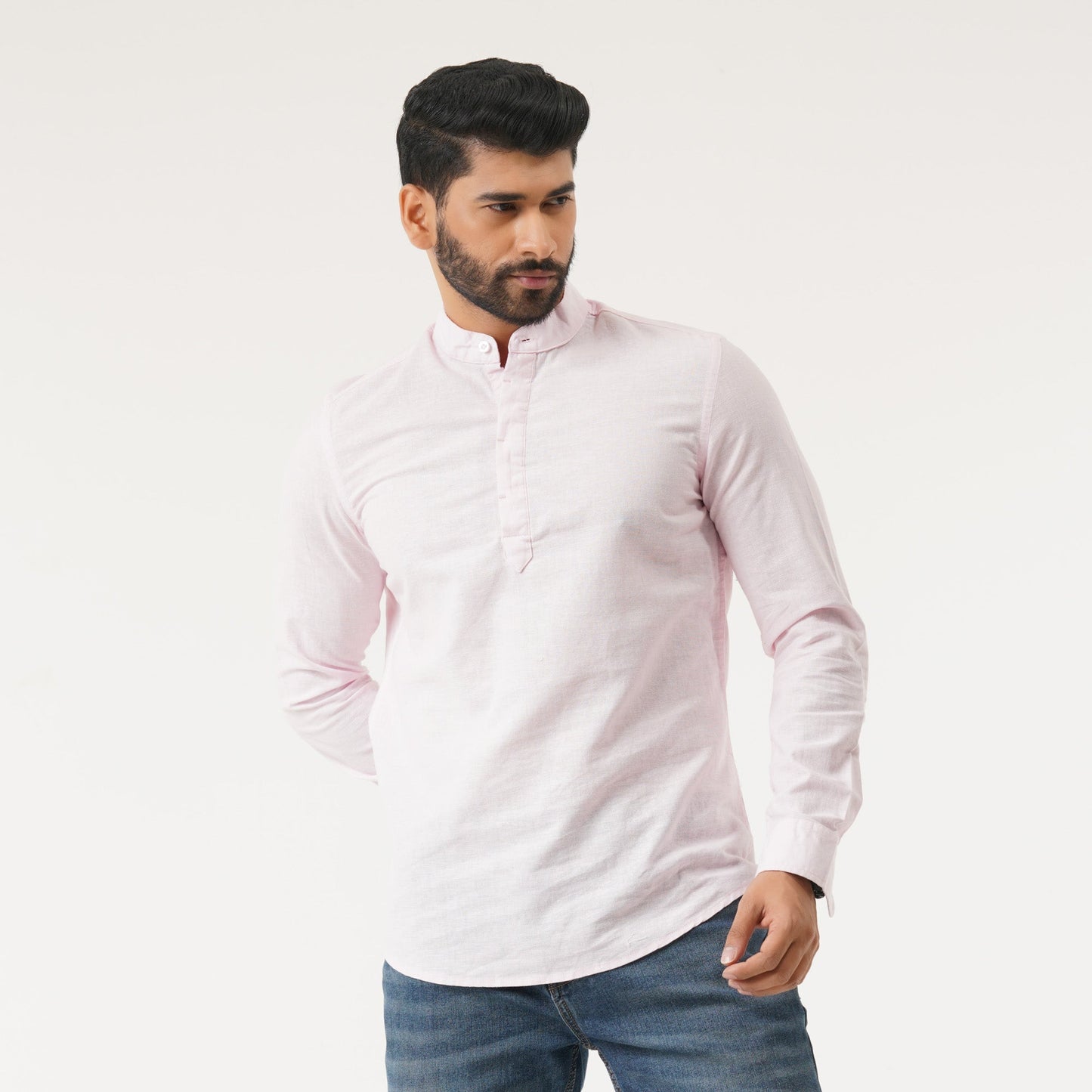 Mens L/S Baby Pink Band Collar Shirt
