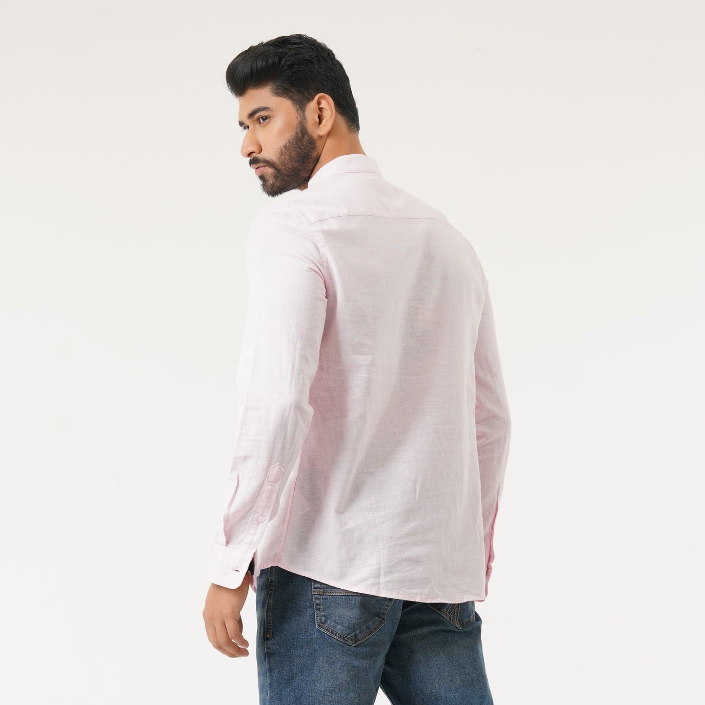 Mens L/S Baby Pink Band Collar Shirt