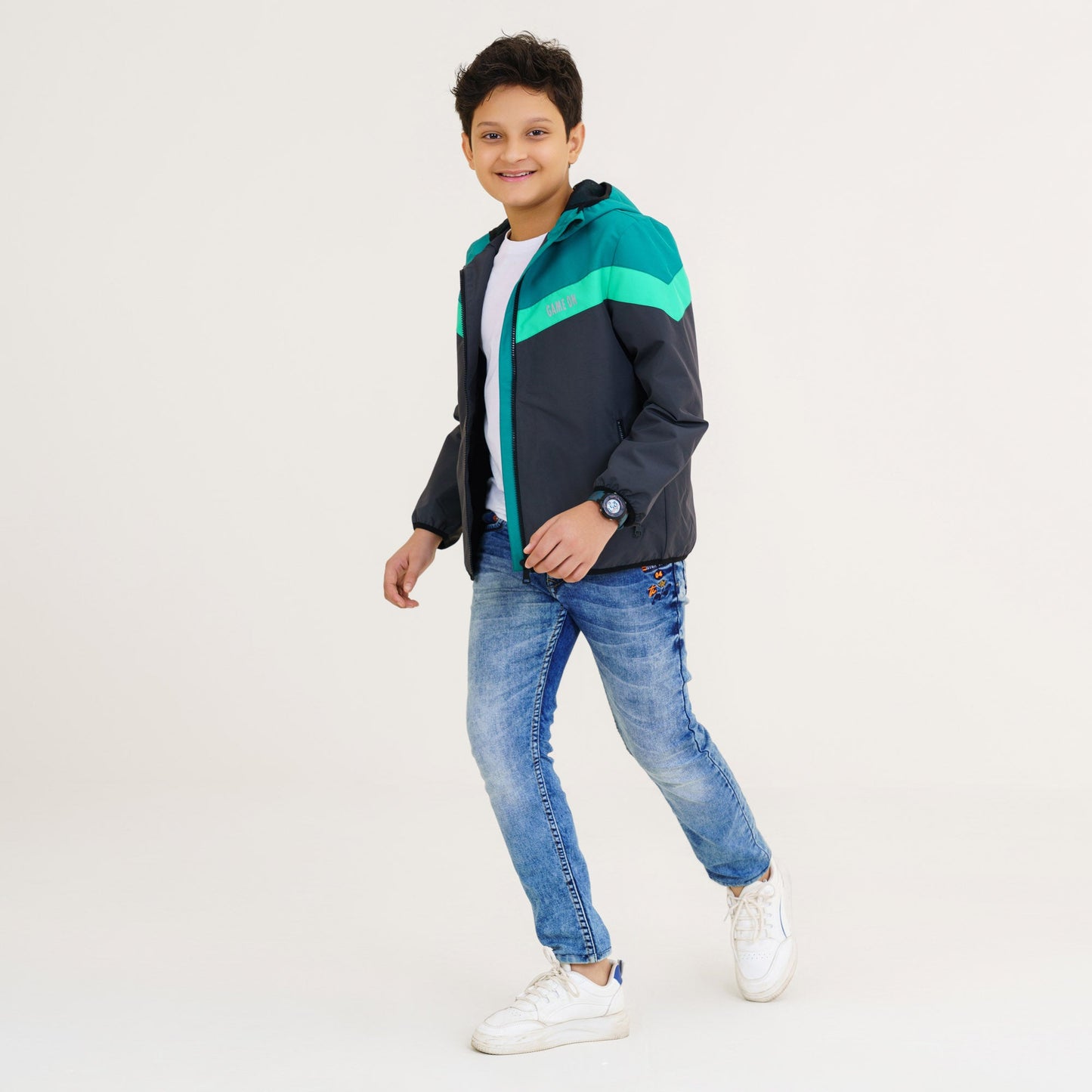 Boy's Gray & Green Hooded Windbreaker