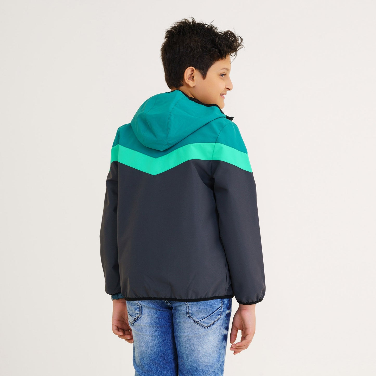 Boy's Gray & Green Hooded Windbreaker