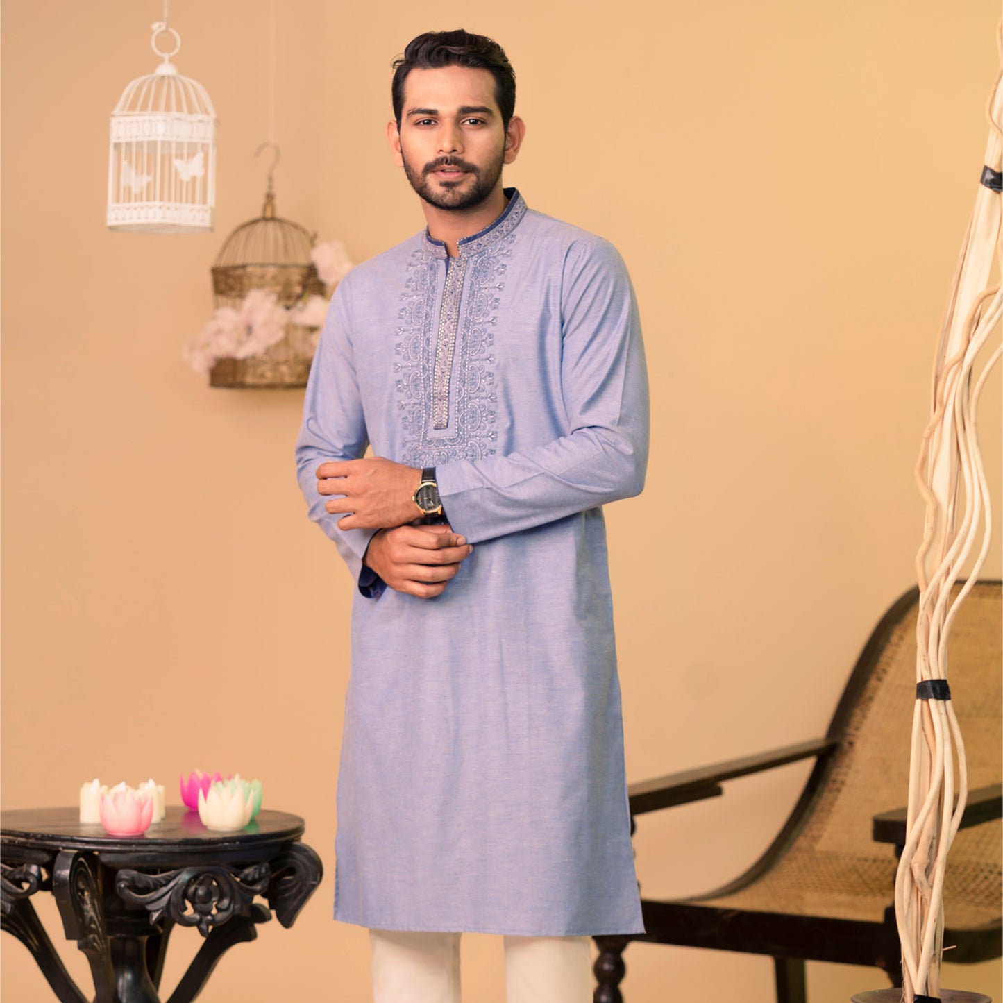 Mens Embroidery Panjabi-Blue-1