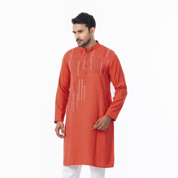 Mens Orange Jacquard Panjabi