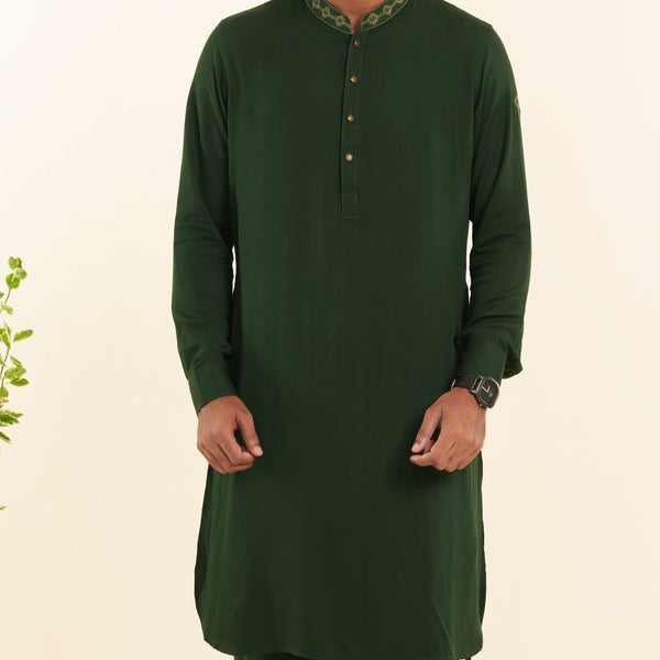 Men's Green  Embroidery Kabli Set