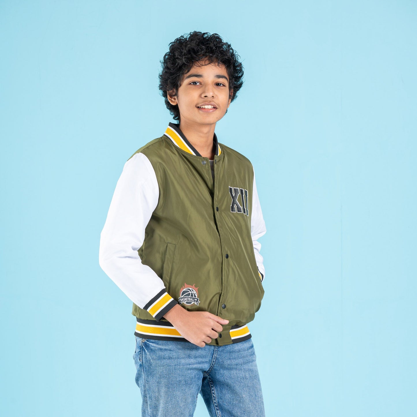 BOYS BOMBER-OLIVE/WHITE