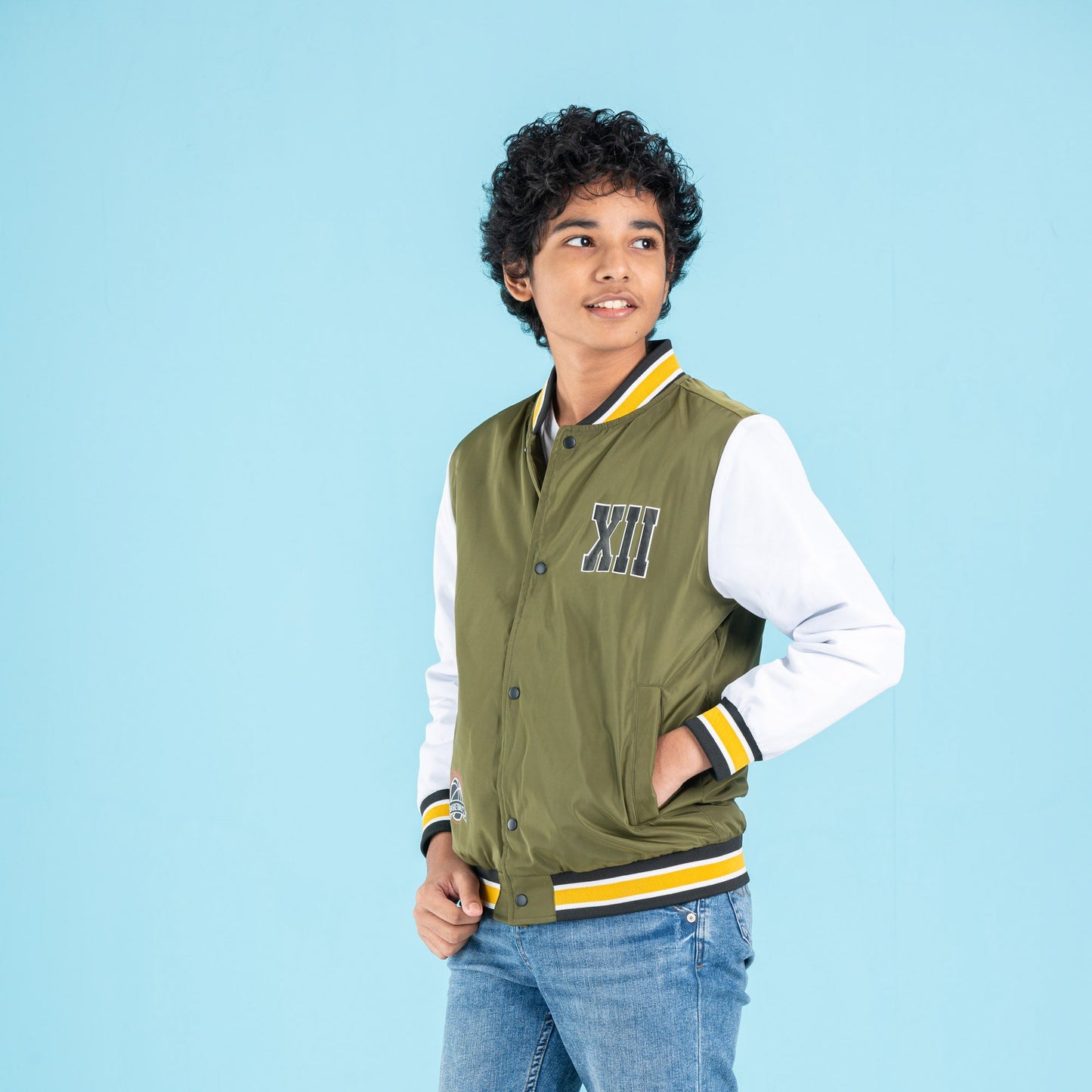 BOYS BOMBER-OLIVE/WHITE