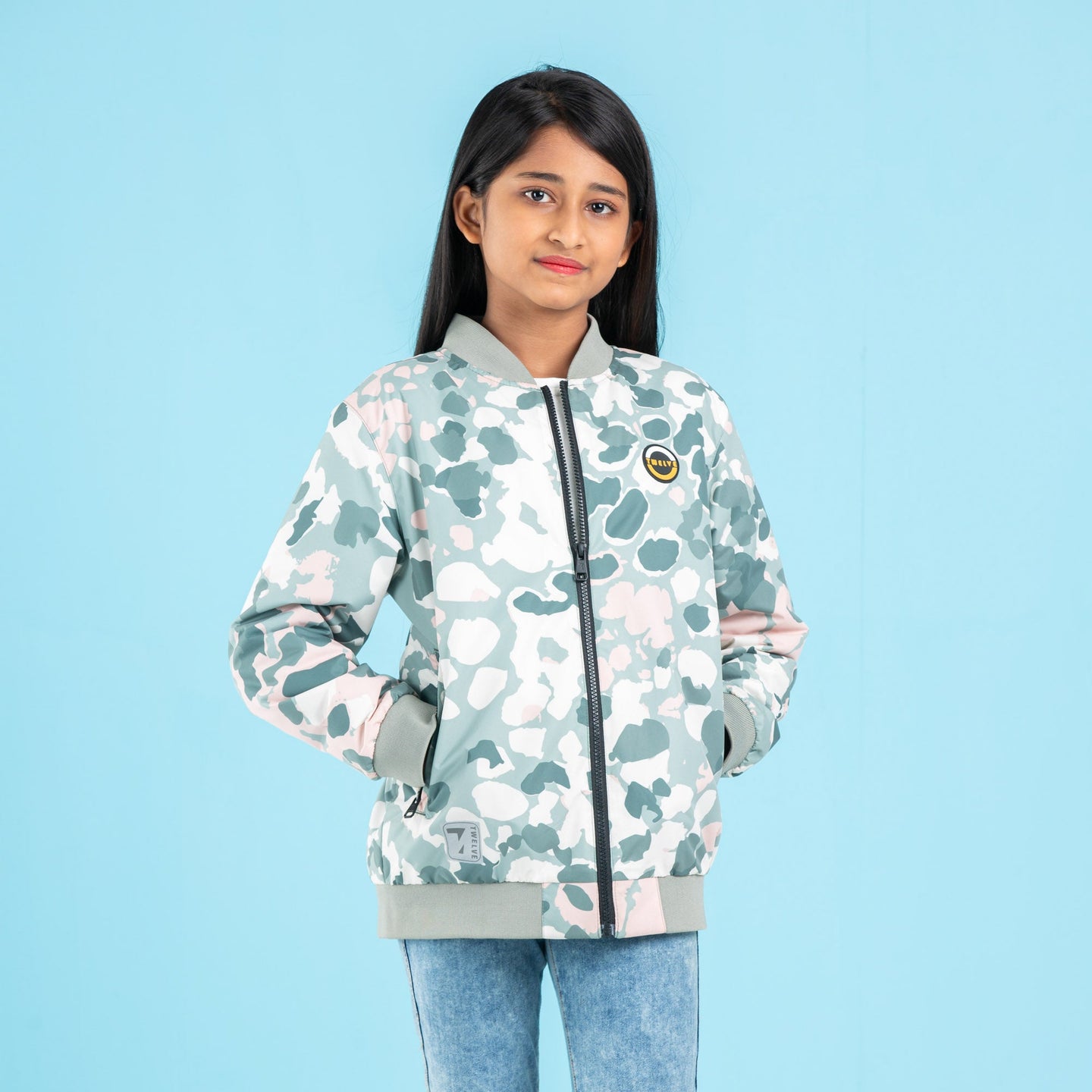 GIRLS BOMBER- GREEN/WHITE AOP